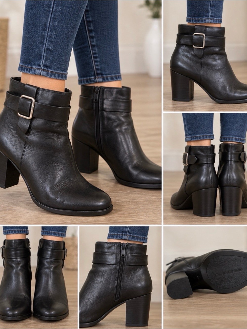 Lands’ End Women’s 8 Black Leather Ankle Boots Buckle Block Heel - Picture 1 of 9